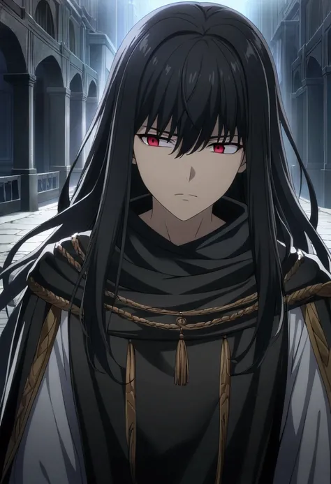 1boy, black hair, long hair, red eyes, cold glare, cold look, apathetic face, black clothes, greek clothes, CG, screenshot