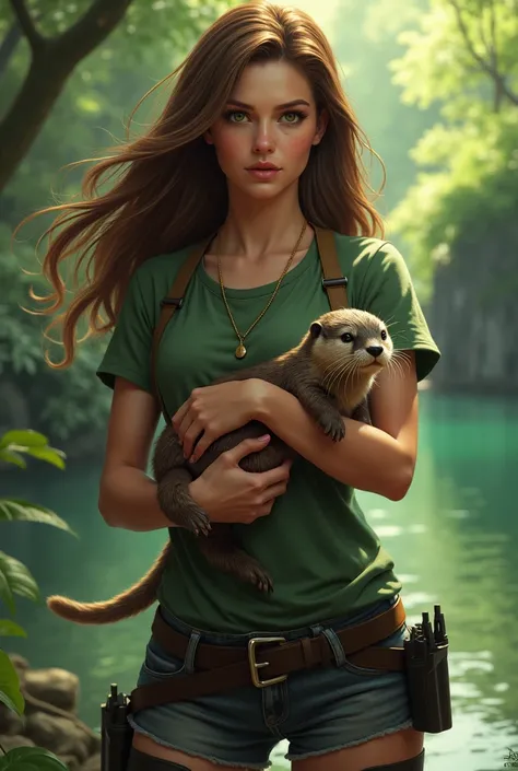  Tall woman green eyes brown hair and long green short t-shirt with holster at the waist, Saving an otter 