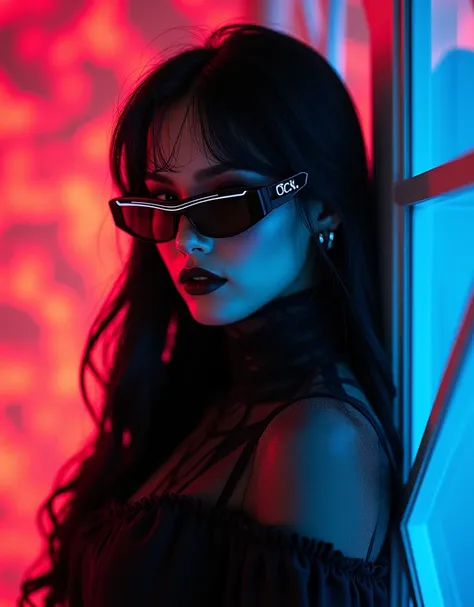 Attractive beautiful woman with black hair in gothic outfit, Hyper-detailed eyes and use of high-tech sunglasses with holographic display. ,Beautiful multidimensional geometric wall, Vibrant vivid color coloring,