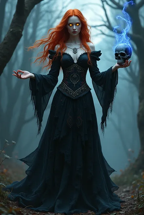 Create a powerful and terrifying woman from the 1600s, with long, fiery red hair flowing wildly like flames, her eyes glowing an intense, unnatural shade of yellow. Her skin is pale, almost ghostly, giving her an ethereal yet menacing appearance. She wears...