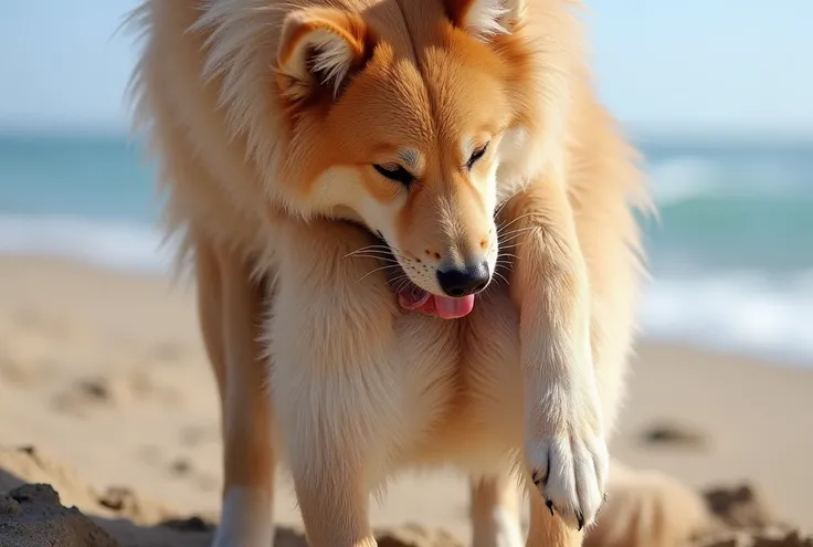 ((masterpiece)) ((photography)) ((Highest quality))   close-up shot zooming on a wett  dog in the beach, doing his toilit licking between his legs