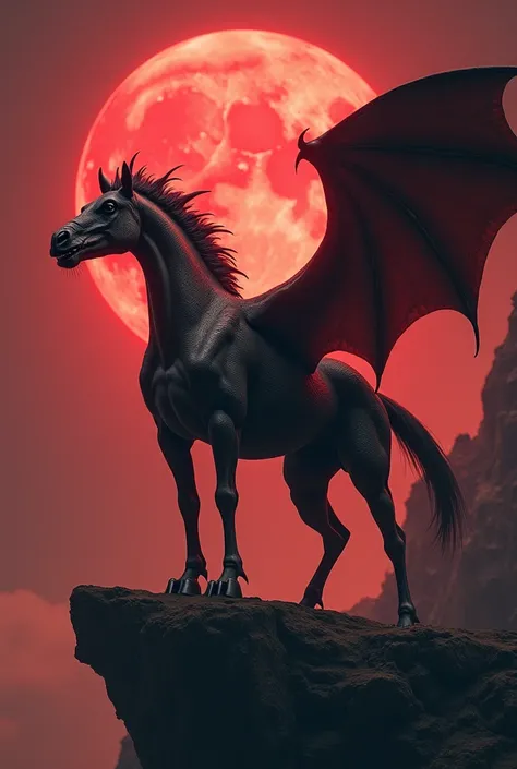  A monstrous hybrid of a horse with the leathery wings and claws of a pterodactyl, standing on a crumbling cliff under a blood-red moon.