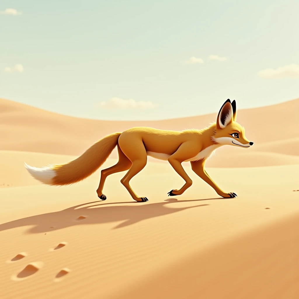 
4. A desert fox:
"Among the dunes, a desert fox with bright, alert eyes and sandy fur sneaks cautiously across the sand. Its paws leave soft impressions in the dry earth as it moves stealthily, searching for food or shelter in the unforgiving landscape."
...