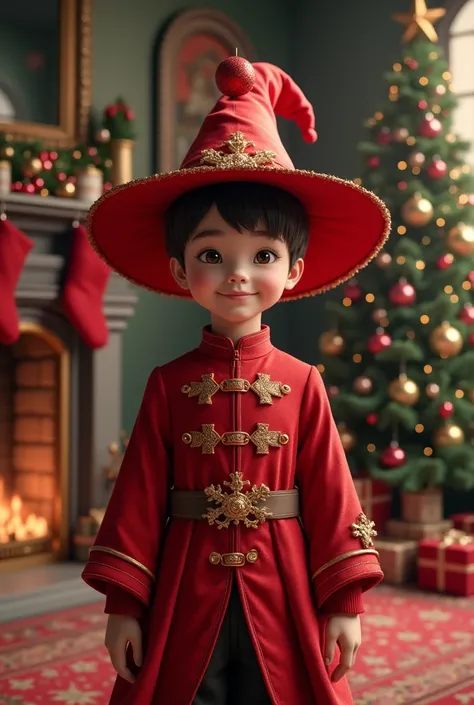 a boy with short, well-combed hair, dressed as a sorcerer with a beautiful red tunic (the tunic has Christmas decorations), a red witch hat with Christmas decorations (on the tip of the cap there is a red and gold sphere), posing in front of a beautiful fi...