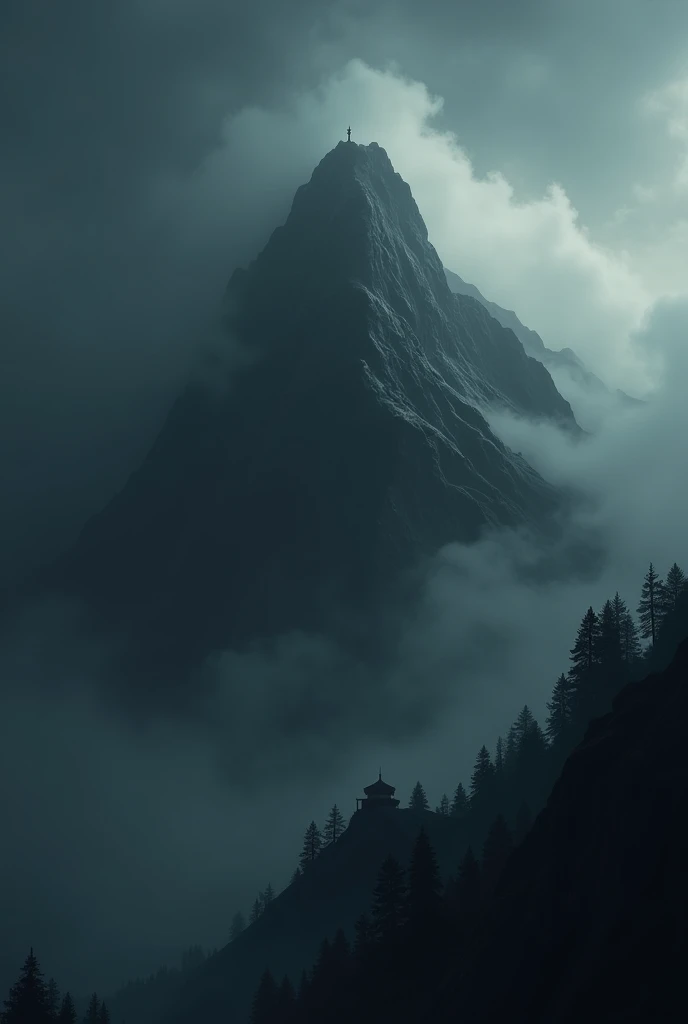 Create a mountain shrouded in thick black mist, Demonstrating a bleak mood, black skies, Its almost impossible to climb the mountain, having a temple at the top