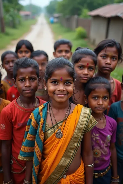 People of India 7 sister people and 5 people and realistic photo, at the age of 25,in village area road, blur background 