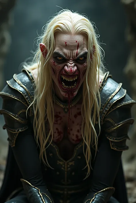  Vampire with long blond hair, feral, with a blood-stained mouth ,  with their bodies covered in blood ,  wearing medieval English armor, inside a dark cave, close up photo, realistic