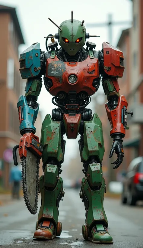 green monster (chain saw,chain saw man,Red:1.1),and green goblin (chain saw,chain saw man,blue:1.1),Mechanical marvel,Robotic presence,Cybernetic guardian, wearing a worn-out mech suit, intricate, (steel metal [rusty]), elegant, clear focus, shot by greg r...