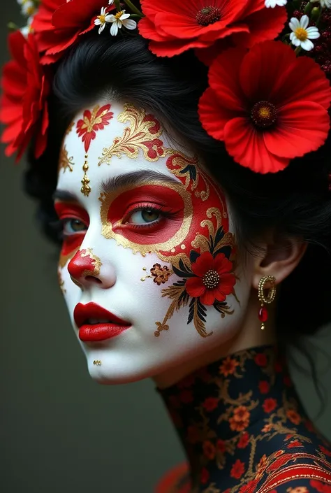  Best quality . spectacular gentle white girl body painting Russian Khokhloma,   red, black and gold , Gothic, the aesthetics of painting . khokhloma ( the whole face is covered with )  patterns with a wreath of flowers on a voluminous complex hairstyle . ...