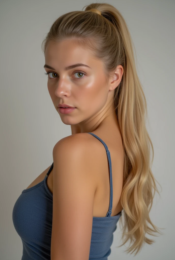 Beautiful natural blonde hair Emma 28 years long NATURAL blonde hair almond shape hazel green eyes cleft on chin, dimple on chin. (generate a beautiful woman long blonde hair, ponytail hairstyle, pretty eyes, v shape face, sexy body), (masterpiece:1.2), ul...