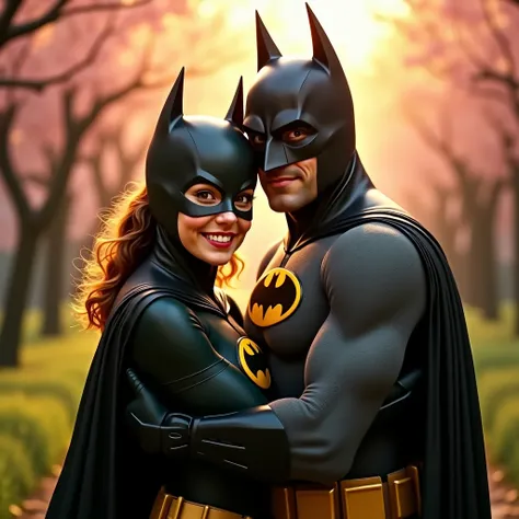 A close-up short in a hyperrealistic cinematic style image shows Batgirl standing in front of Japanese sakura blossoms in a green forest, hugging Batman tightly, smiling in gratitude, making them look happy. Batgirl, Batman dressed in his classic costume, ...