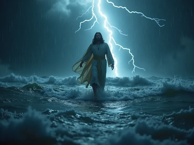 Create Jesus walking on water during a dark and stormy night .  The camera is close to Jesus the scene is set with heavy rain falling,  waves crashing around him and bright flashes of rays illuminating the turbulent sky . Jesus appears calm and focused ,  ...