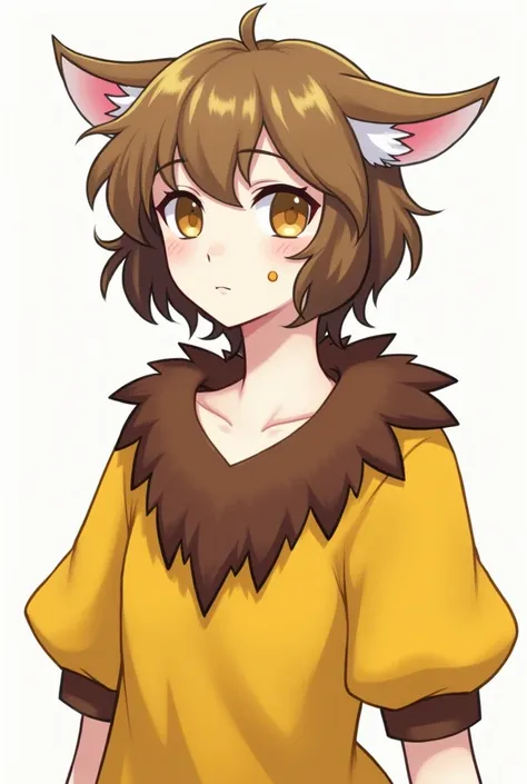 Make the image of a white ,  brown eyes with a dot on her left cheek .  She has pointed and furry ears like birds,  and wear a yellow outfit with brown feathers.  She has short curly hair at shoulder length 