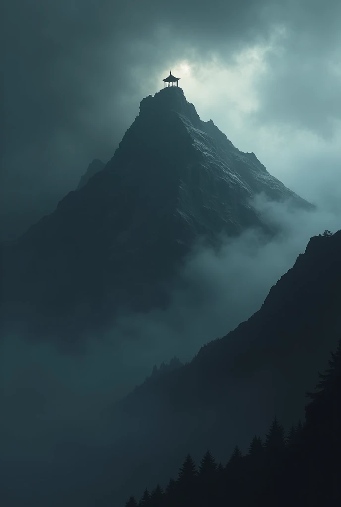 Create a mountain shrouded in thick black mist, Demonstrating a bleak mood, black skies, Its almost impossible to climb the mountain, having a temple at the top