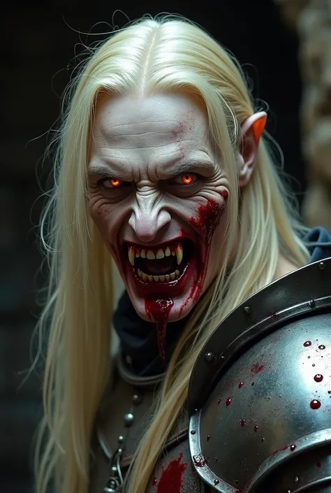 pale-skinned vampire ,  with long blond hair , feral,  red eyes , with a blood-stained mouth , large canines ,  with armor covered in blood,  wearing medieval English armor, inside a dark cave, close up photo, realistic