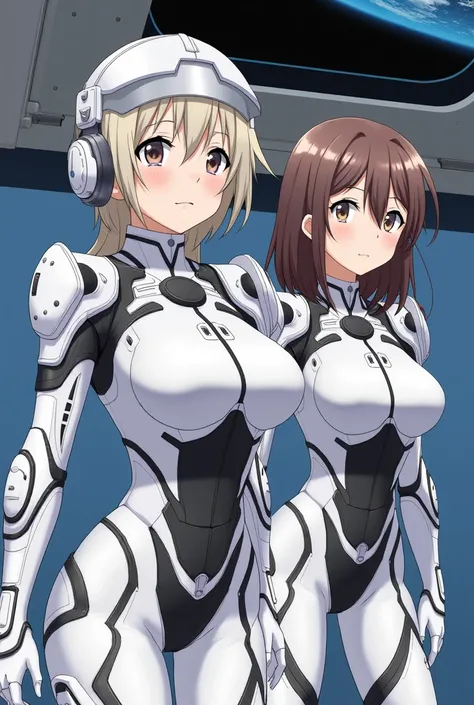 masterpiece:1.4, masterpiece, Highest quality, high resolution, newest, 2girls, friends, (group shot):5, (upper body):5, kyoto animation style, detailed, BREAK space station interior, zero gravity environment, floating, BREAK (white and black mechanical sp...