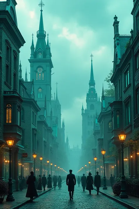 Create a Victorian-era city with everything made of teal