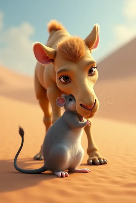 Camel and mouse embracing 