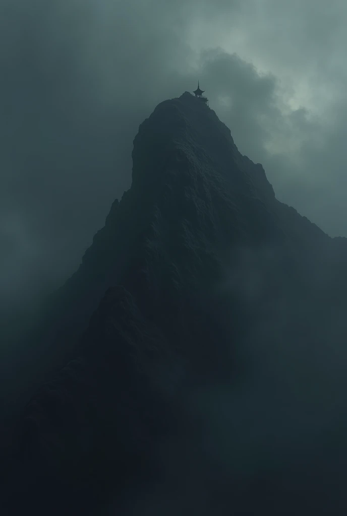 Create a mountain shrouded in thick black mist, Demonstrating a bleak mood, black skies, Its almost impossible to climb the mountain, having a small temple at the top