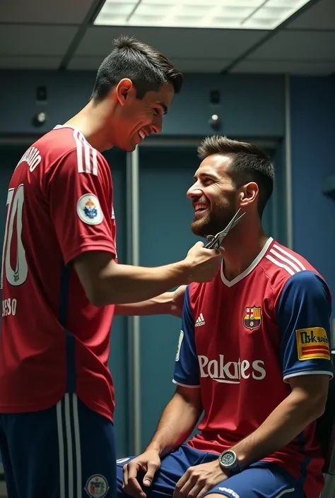 Cristiano Ronaldo with his team football jersey gives leo messi a bad cut and leo messi gets angry and cristiano ronaldo laughing show their expression