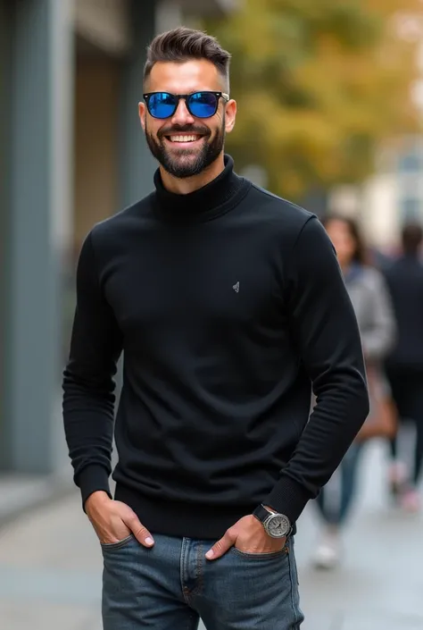 Smiling man, aged 26, beard, no mustache, black mens jumper, blue sunglasses, baltic blue trousers, red sneakers