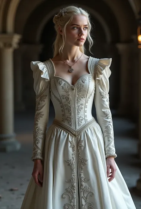 Dans luniver de game of throne 
Une robe de marié pour arya stark 
tres guerrière
 brodé un petit loup
Avec les couleur des stark
 qui reste comme meme blanche 
Medieval 

