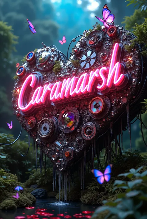 neon writing that reads CARAMARSH, mixed media, assemblage art, sculptural art, the anatomy of iridescent chrome writing made from CD pieces, fractured and dripping pieces, gears, mechanics, microchips, leds, butterflies flying around, moody hues and tones...