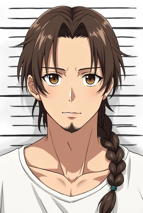 A man,  brown eyes,  brown hair that goes up to the shoulders but braid,  light goatee , 180cm tall,  skin color is whitening a little brown mixed , Mug photo , white background with strokes that indicate the size, Anime style