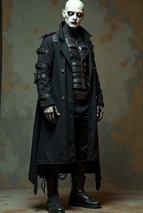 a humanoid robot, yellow eyes, dirty white skin, bald head, black tattoo around the eyes, sexy, tall, male, black lips, black jaw showing robotic parts, black robotic parts on the neck, black coat and black pants with buckles and pockets, black leather boo...