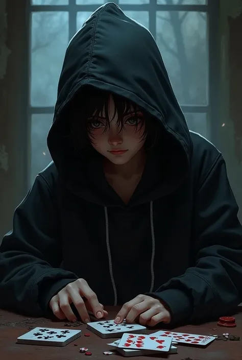 A young 17-2d dark-style character
Lazy role-playing gambler with the class of hooded killer with wavy hair