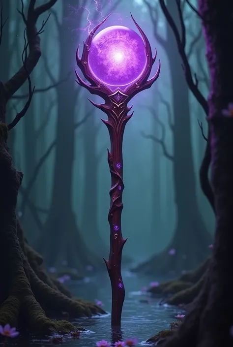 Create Magic the Gathering style: a burgundy staff with ancient runes pulsating with a magical purple sphere pulsating in a swamp 