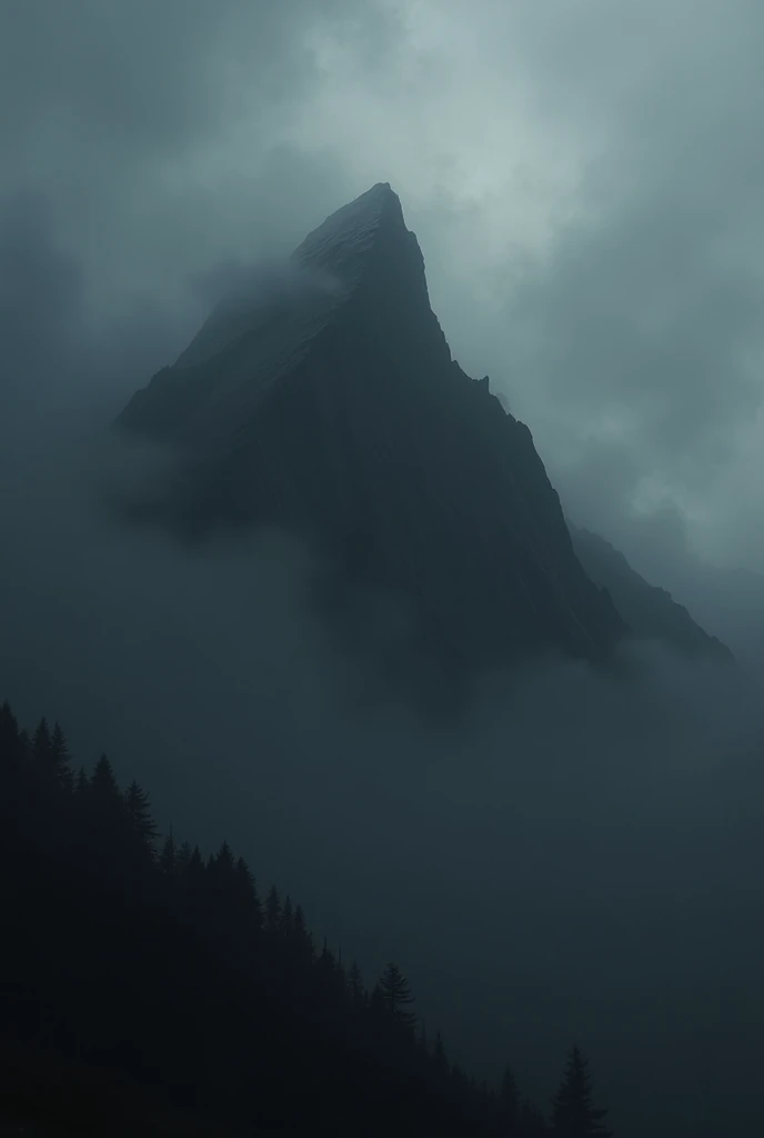 Create a mountain shrouded in thick black mist, Demonstrating a bleak mood, black skies, Its almost impossible to climb the mountain, 