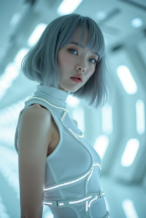 Masterpiece and top quality、A mysterious and sophisticated young Japanese fashion model with ultra-realistic and avant-garde blue eyes、She wears futuristic and very sexy fashion.。She stands there, captivating the audience.、The angle is from below, so the w...