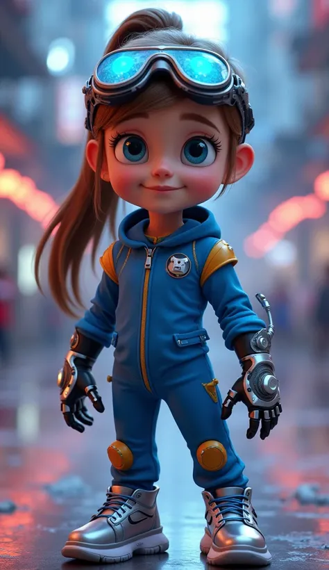 8d Disney Pixar style sweet character cinematics ultra graphics design,    Vorn is an  girl, the twin sister of Blix, known for her sharp mind and logical approach. She has smooth light brown hair tied into a neat ponytail, and her striking blue eyes refle...