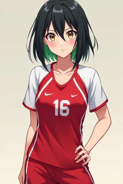 Draw a girl wearing a red and white volleyball uniform with number 16 and her black hair with green tips, pacai with honey-colored eyes
