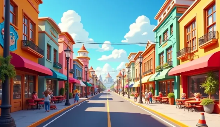 A vibrant and bustling city in a Pixar-inspired 3D cartoon style. The streets are lined with colorful buildings featuring unique architecture, playful signage, and bright awnings. Sidewalks are busy with anthropomorphic characters walking, talking, and sho...