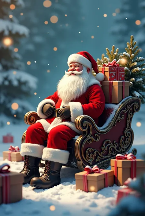 SANTA CLAUS SITTING ON SLEIGH WITH GIFTS WITH SNOW BACKGROUND