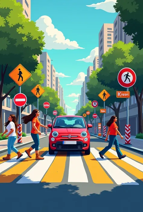 The image d ,  with a Fiat in the middle of the road 
Next, crosswalks with stylized people and a colorful and lively atmosphere and lots of road signs If you want more changes or details,  let me know !
The main topic is road safety