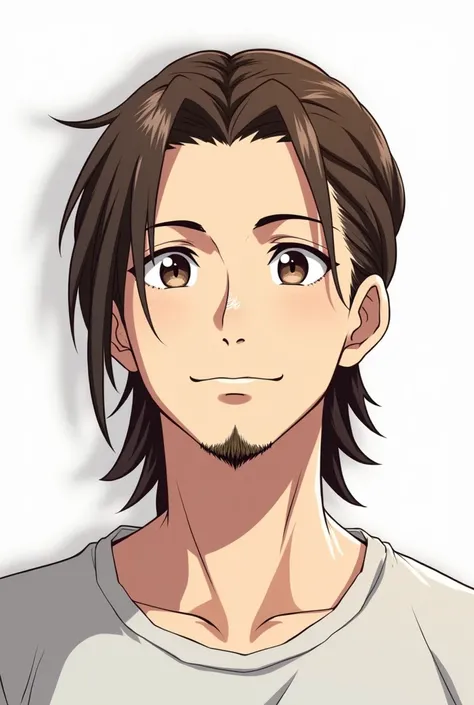 A man,  brown eyes,  brown hair that goes up to the shoulders but braid,  light goatee , 180cm tall,  skin color is whitening a little brown mixed , Mug photo , white background with strokes that indicate the size, Anime style