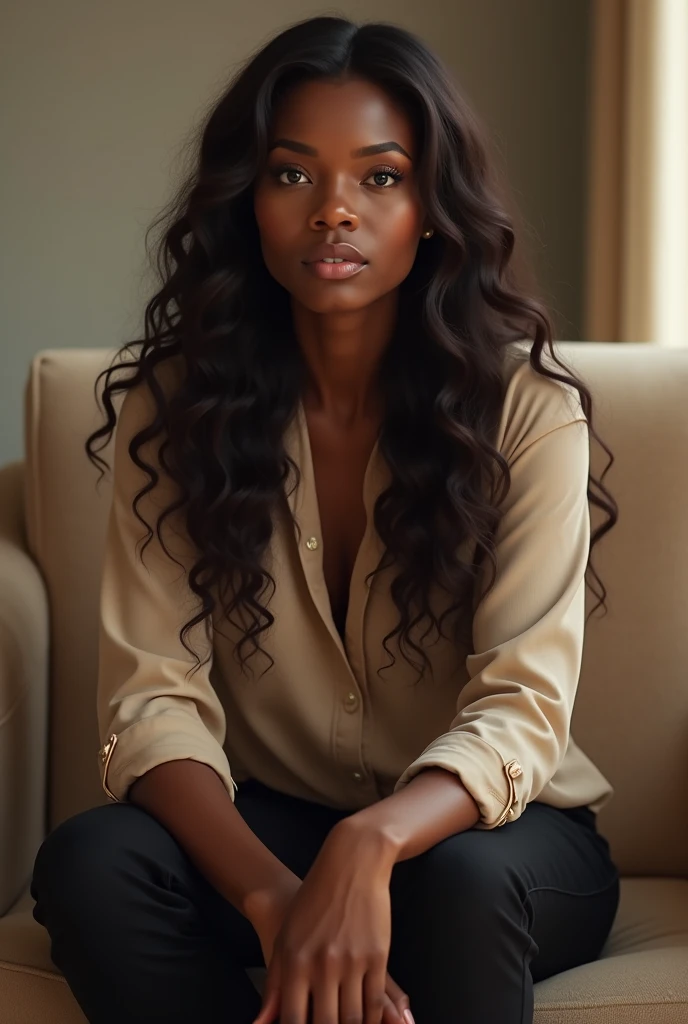 create a black woman with long, dark brown hair, straight and curled at the ends, detailed eyes, sitting on a sofa with a beige shirt and black pants with her legs crossed and hands on her knees