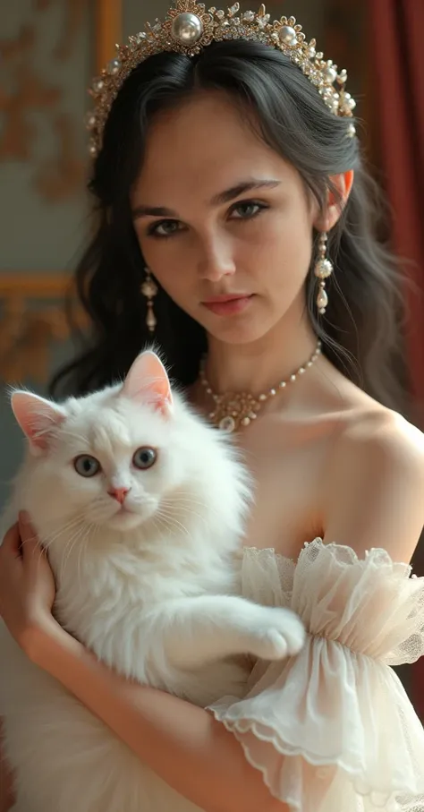 a modern evangelical princess holding a soft, fluffy white cat, detailed portrait, beautiful detailed eyes, beautiful detailed lips, extremely detailed eyes and face, long eyelashes, elegant dress, beautiful ornate jewelry, warm lighting, soft color palett...