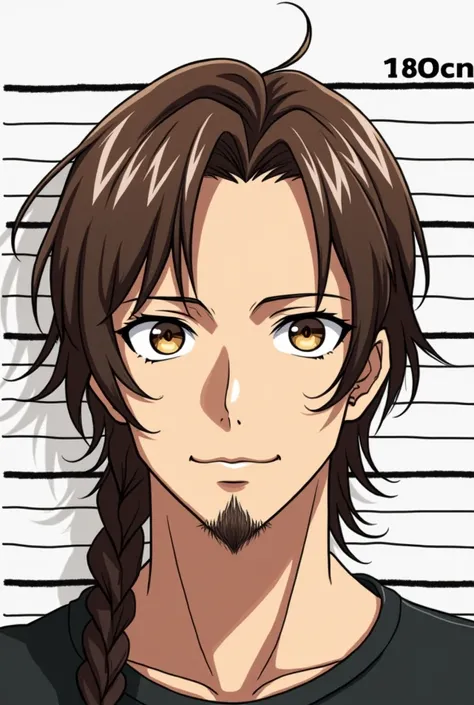 A man,  brown eyes,  brown hair that goes up to the shoulders but braid,  light goatee , 180cm tall,  skin color is whitening a little brown mixed , Mug photo , white background with strokes that indicate the size, Anime style