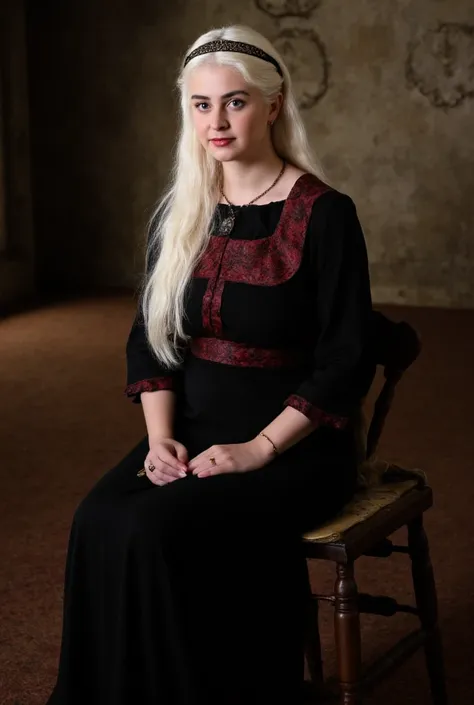 Pretty young Targaryen woman with big white hair arriving split in the middle wearing a black dress with a medieval bodice in red a headband with pendant a skinny pearl necklace with full breasts, white pele,  Sitting on a cross-legged chair. (Of exuberant...