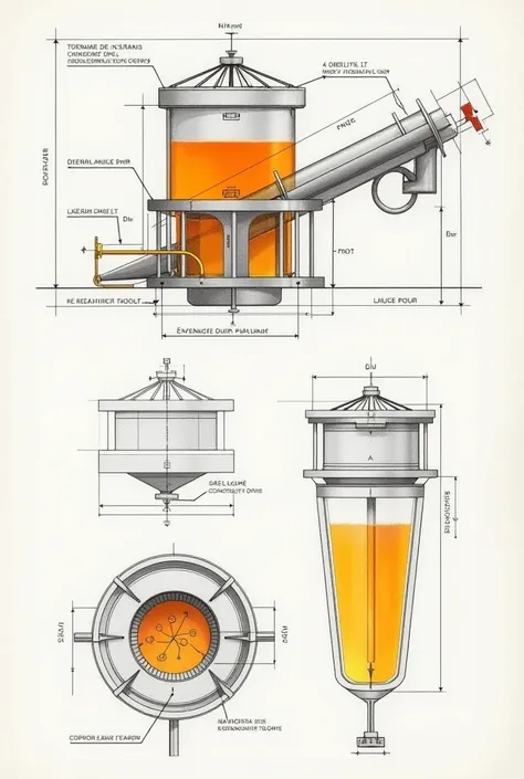 Generate me technical drawings in plan ,  cut and axonometry as if you were an industrial engineer of An orange juice filter,  which separates the pulp from the juice using the Coriolis force as simply as possible ,  specify how the operation works by anno...