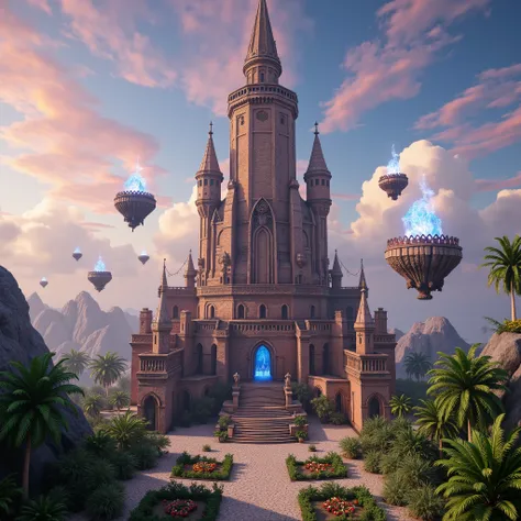 a highly detailed huge Magical fantasy tower, with smaller towers made from brown brick, flying glowing crystals around it Courtyard with cobbled path and neatly arranged tropical trees and flowers, a flying island in the sky