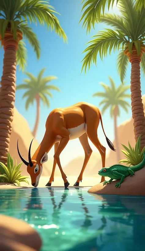 "In a bright desert oasis, a golden sand-colored gazelle drinks from a pool of water beside a dark green chameleon resting on a palm frond. The surrounding date palms and blue sky complete the vibrant scene."