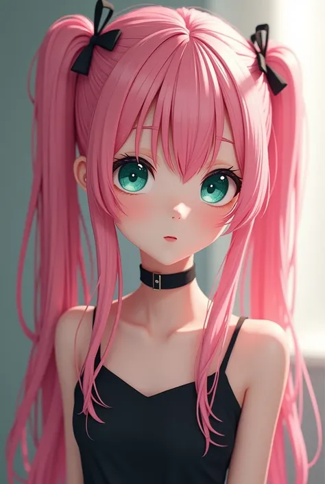 fille danime aux cheveux roses et aux yeux verts dans une robe noire, cheveux roses à deux queues de cheval et yeux cyan, avec de grands yeux tristes et lumineux, visuel anime dune fille mignonne, extremely mignonne fille anime face, visage danime mignon, ...