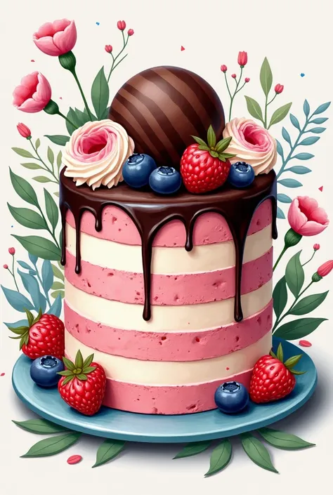 A stylish and artistic layered cake in pink and cream tones, topped with dark chocolate dripping elegantly down the sides. The top is adorned with whipped cream, fresh raspberries, blueberries, and a detailed chocolate sphere. The cake is placed on a decor...