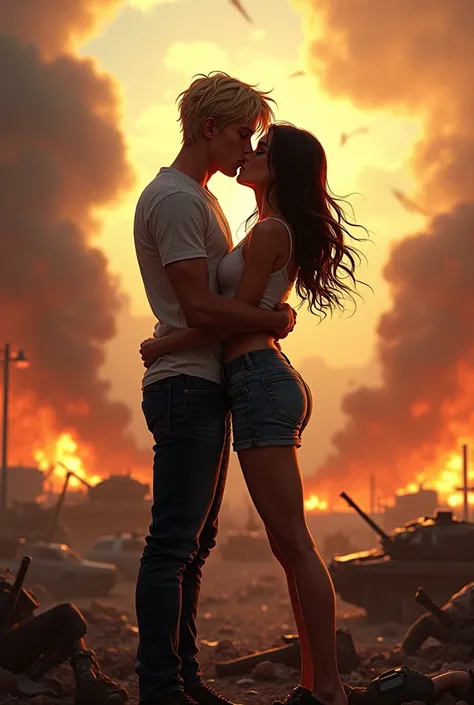 A blond-haired boy with seawater-colored eyes, fair skin, robust build (muscular), tall, kissing a dark-haired girl with gray eyes, light skin, thin build but with developed muscles and body with quite a few curves. These guys are kissing, but there’s a lo...