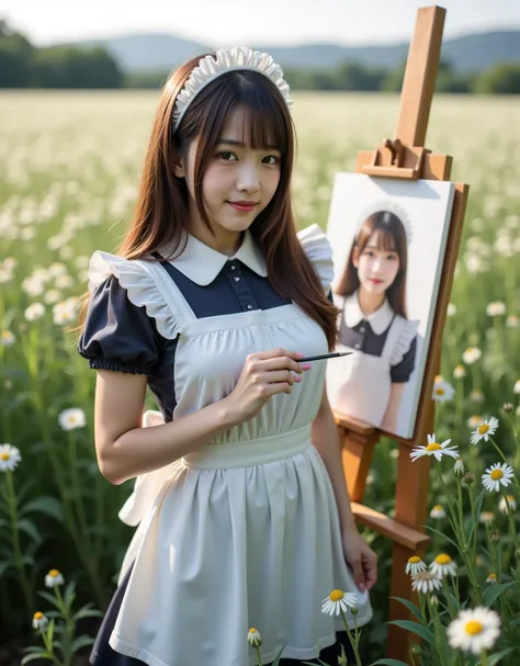 Ultra-realistic, Photographically,  dramatic scene , shadow, Global Illumination, Alone, (  famous teenage Japanese idol girl  :1.5), A very beautiful delicate Japanese girl, So beautiful、 Very cute but boyish and cool face , (Modern maid:1.2), ( Shes wear...